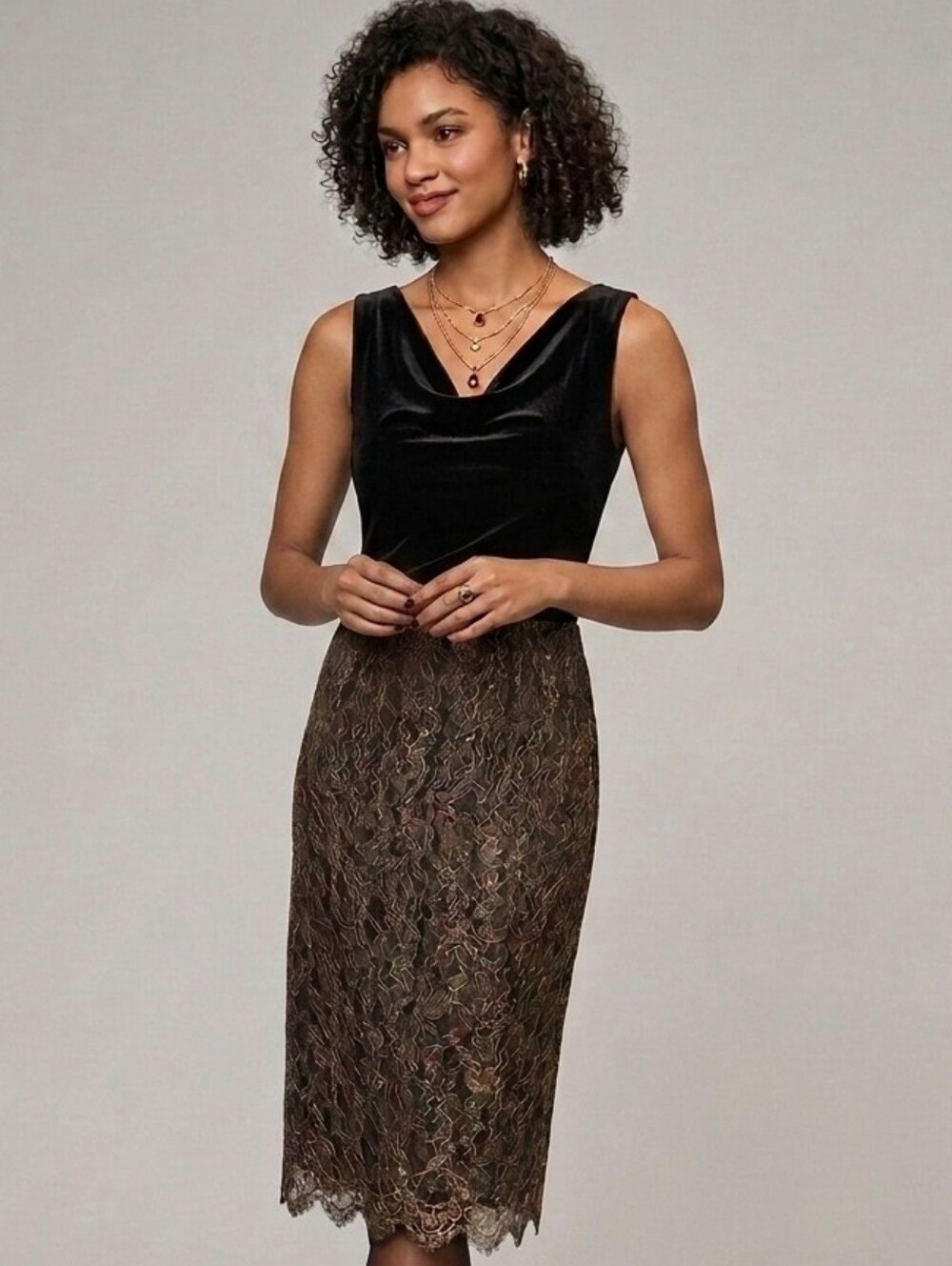 Vtg Banana Republic Brown & Gold Lace Ovly Eyelash Scalloped Hem Pencil Skirt